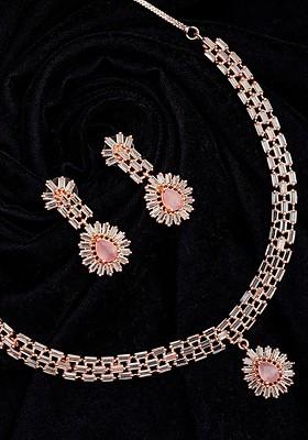 Rose Gold Plated Cubic Zirconia Studded Necklace and Earrings Jewellery Set