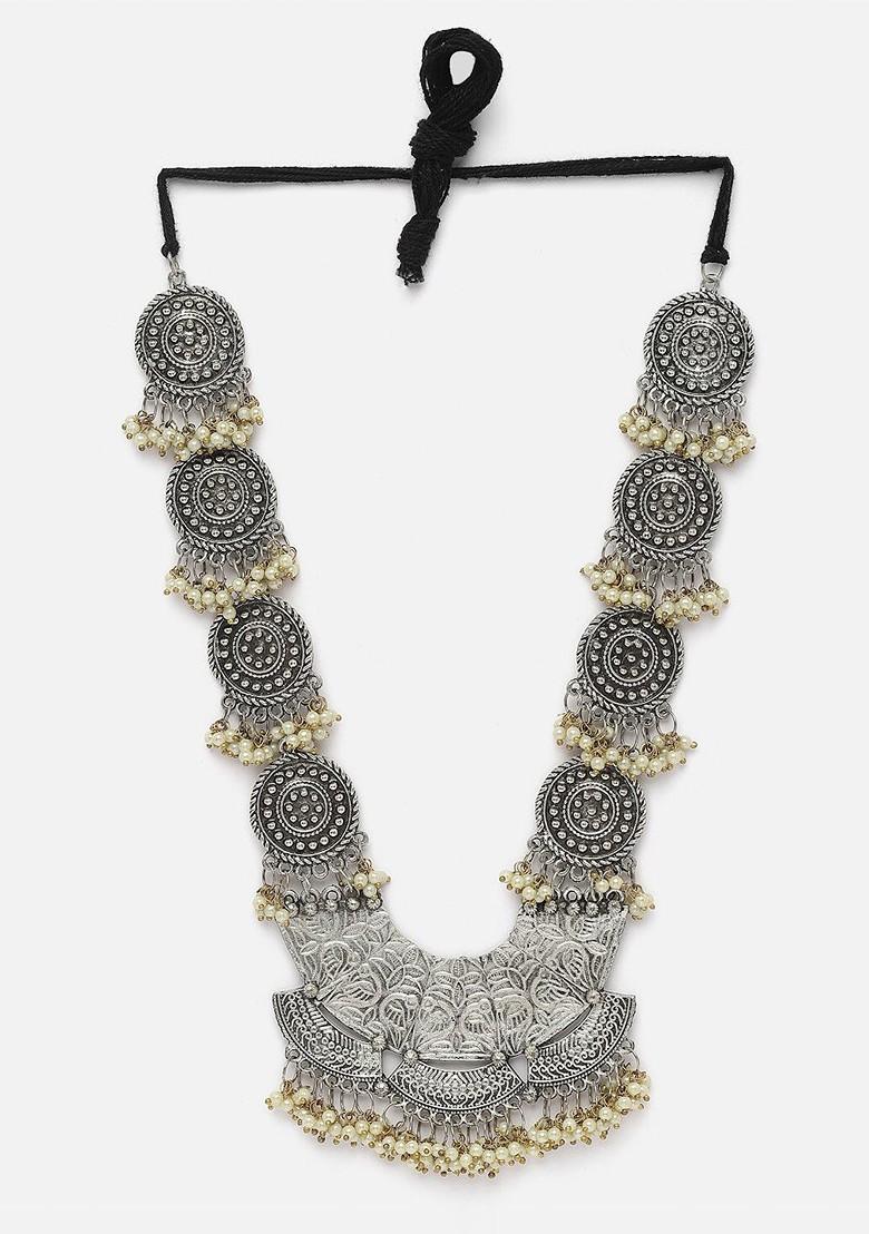 Silver Plated Beaded Circular Shaped Oxidised Necklace