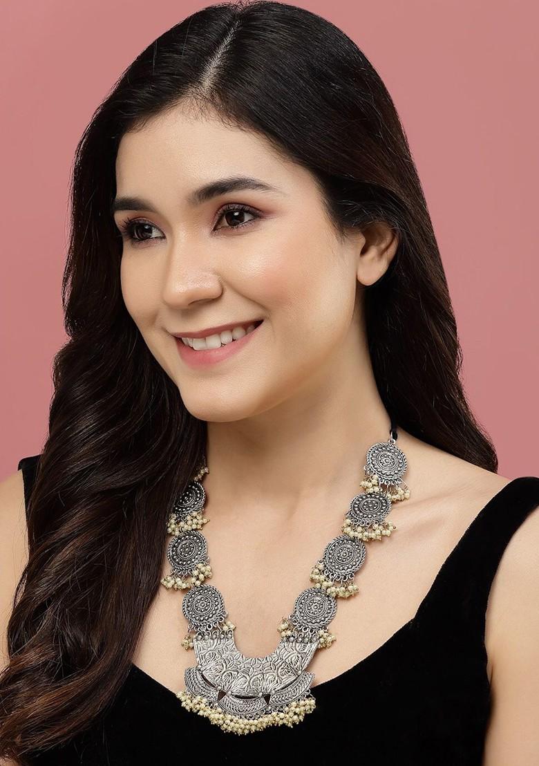 Silver Plated Beaded Circular Shaped Oxidised Necklace