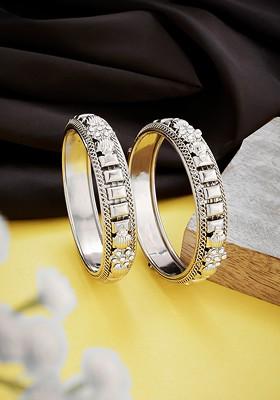 Set Of 2 Silver Plated Floral Stones Studded Bangle