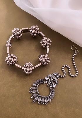 Set of 2 Silver Plated Stone Studded Maang Tika And Bangle Jewellery Set