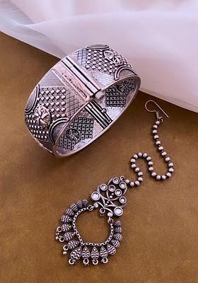 Set Of 2 Silver Plated Stones Studded Jewellery Set