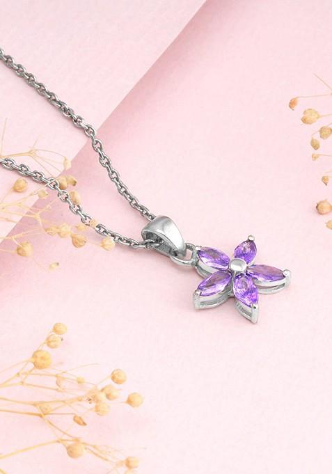 Indya X Giva 925 Sterling Silver Rhodium Plated Stone Studded Flower Pendant With Chain