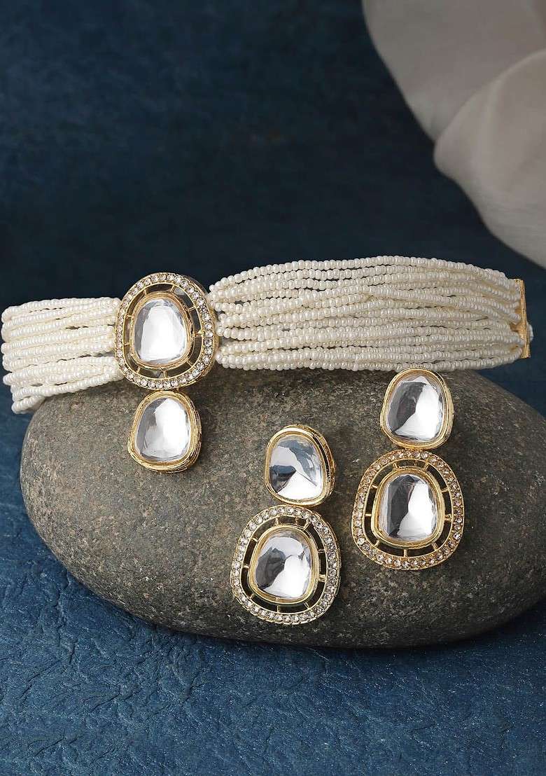 Gold Plated CZ Studded And Pearl Beaded Choker Jewellery Set - Indya