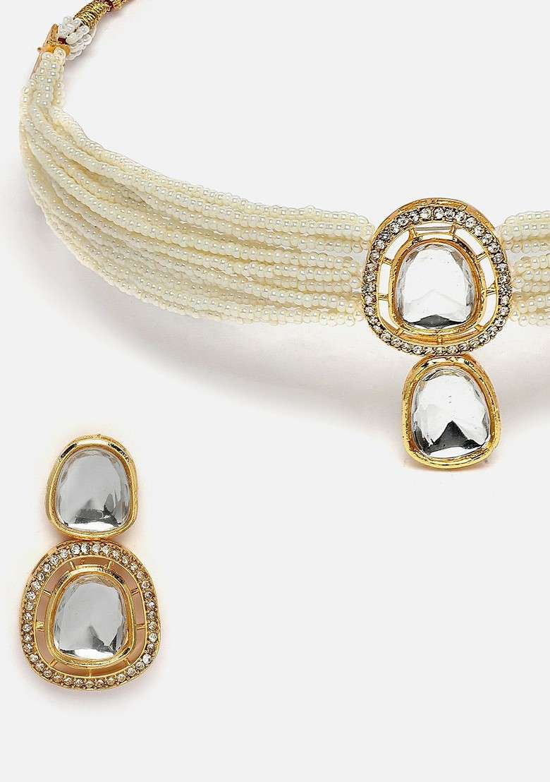 Gold Plated CZ Studded And Pearl Beaded Choker Jewellery Set - Indya