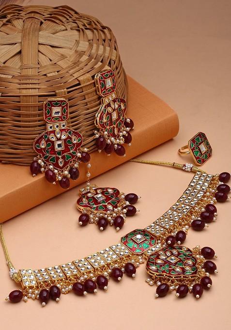 Gold Plated Kundan Studded And Pearl Beaded Jewellery Set