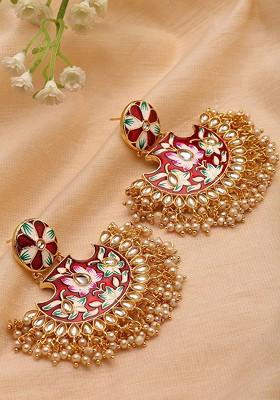 Gold Plated Kundan And Artificial Beads Studded Chandbalis