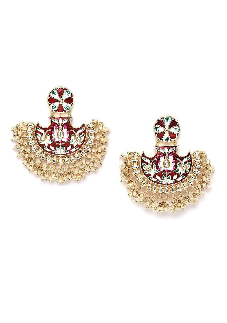 Gold Plated Kundan And Artificial Beads Studded Chandbalis