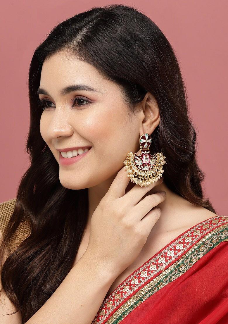 Gold Plated Kundan And Artificial Beads Studded Chandbalis