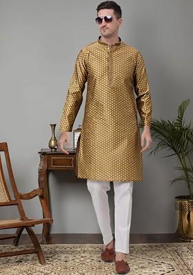 Ethnic Motifs Printed Mandarin Collar Regular Thread Work Kurta With Pyjamas
