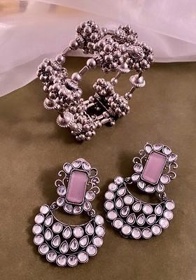 Set Of 2 Silver Plated Kundan Stone Studded Jewellery Set