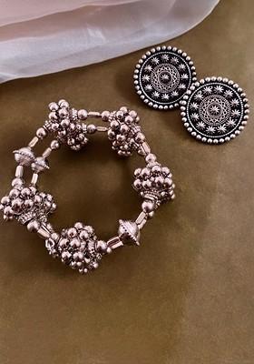 Set Of 2 Silver Plated Beaded Bangles With Pair Of Earrings Jewellery Set