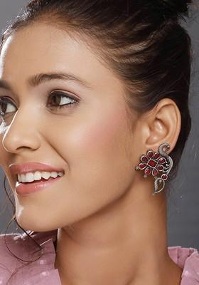 Silver-Plated Peacock Shaped Oxidised Stud Earrings