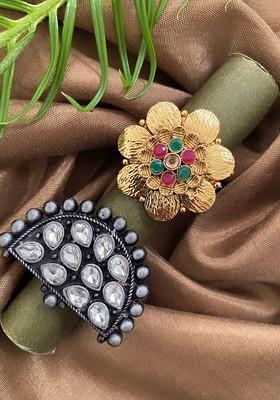 Set Of 2 Gold And Silver Plated Stone Studded And Beaded Adjustable Finger Ring