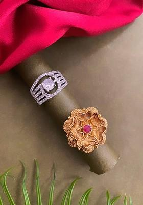 Set of 2 Gold Plated And Cubic Zirconia Stone Studded Adjustable Finger Ring