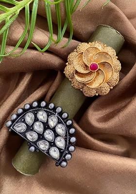 Set of 2 Gold And Silver Plated Artificial Stones and Beads Adjustable Finger Ring