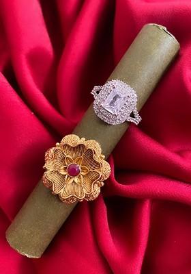 Set Of 2 Gold Plated stone Studded And Rhodium Plated CZ Studded Finger Rings