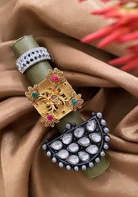 Set of 3 Gold And Silver Plated Artificial Stones And Beads Studded Finger Ring