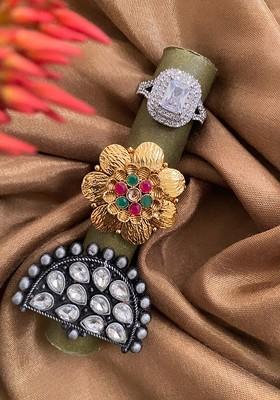 Set Of 3 Gold Plated And Silver Plated Stone Studded Adjustable Floral Finger Rings
