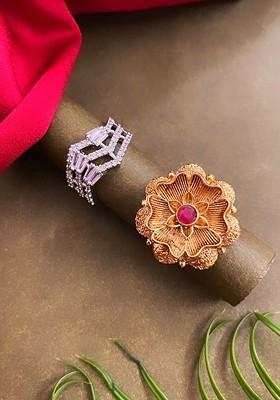 Set of 2 Gold Plated CZ Studded Adjustable Finger Ring