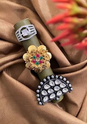 Set Of 3 Gold And Silver Plated Stones Studded Floral Adjustable Finger Rings
