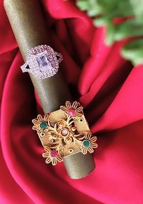 Set of 2 Gold Plated CZ Stone Studded Adjustable Finger Ring