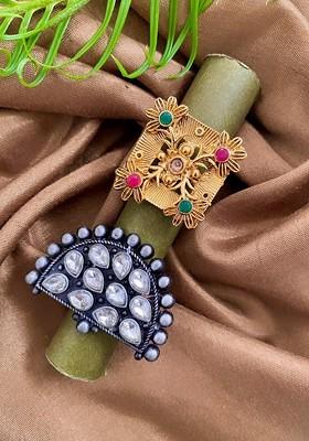 Set Of 2 Gold Plated And Silver Plated Stone Studded Finger Rings