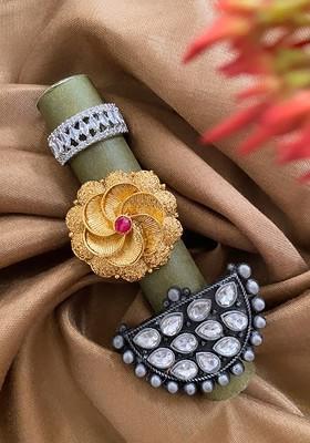 Set Of 3 Gold And Silver Plated CZ And Artificial Stone studded Finger Rings