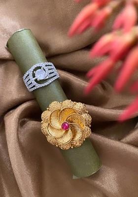 Set Of 2 Silver And Gold Plated CZ Artificial Stone Studded Floral Rings