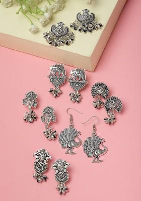 Set Of 6 Silver Plated Oxidised Drop Earrings