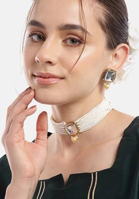 Women Gold-Plated Kundan And Pearl Studded Choker Necklace With Earrings