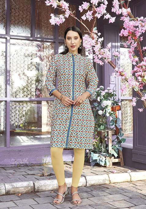 Beige Ethnic Motifs Printed Mandarin Collar Straight Kurta