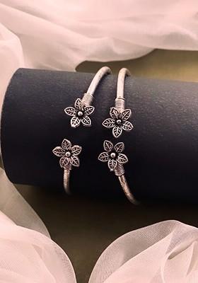 Set of 2 German Silver Plated Floral Shaped Cuff Bracelets