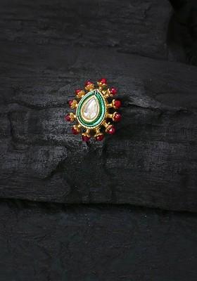 24 CT Gold Plated Kundan Stone Studded And Pearl Bead Clip On Nose Pin