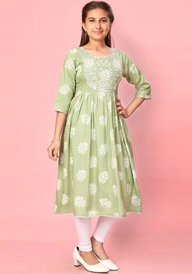 Floral Printed Round Neck Pure Cotton Pleated Anarkali Kurta And Leggings