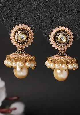 Gold Plated Kundan Stud And Pearl Bead Jhumka Earrings
