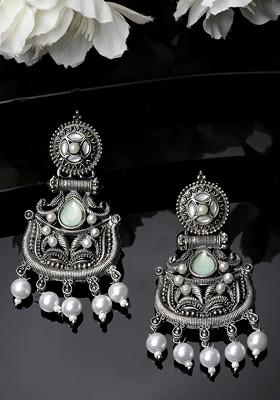 Silver Plated Stone Stud And Pearl Peacock Shaped Drop Earrings