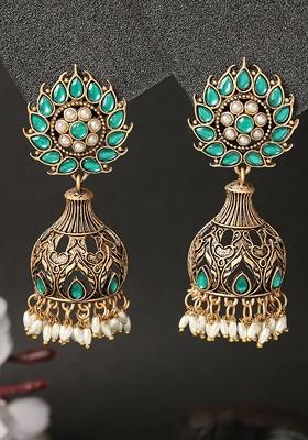Gold Plated Artificial Stone and Beads Floral Shaped Jhumka Earrings