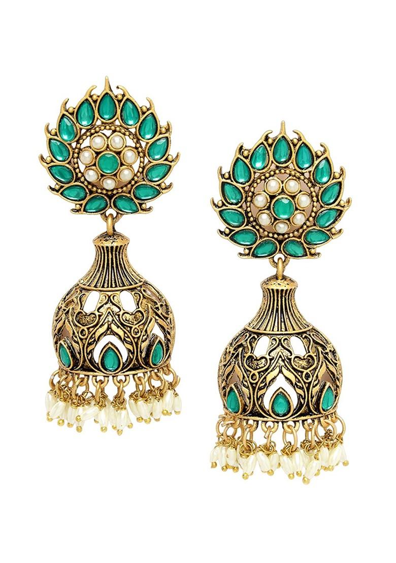 Gold Plated Artificial Stone and Beads Floral Shaped Jhumka Earrings