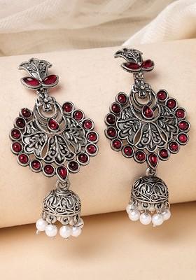 Silver Plated Floral Oxidized Jhumka Earrings