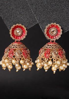 Gold Plated Pearl Bead Dome Shaped Jhumka Earrings