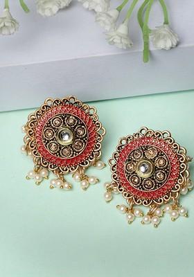Gold Plated Kundan Stud And Pearl Circular Stud Earrings