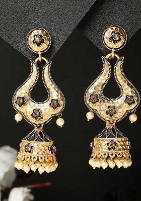 Gold Plated Pearl Bead Meenakari Dome Shaped Jhumka Earrings