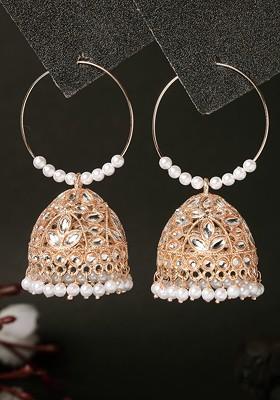 Rose Gold Plated Kundan Stud And Pearl Jhumka Earrings