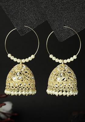 Gold Plated Kundan Stud And Pearl Bead Jhumka Earrings