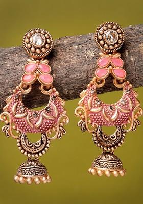 Gold Plated Stone Stud Antique Crescent Shaped Drop Earrings