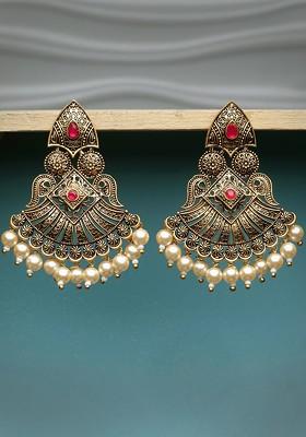 Gold Plated Stone And Pearl Stud Antique Classic Drop Earrings