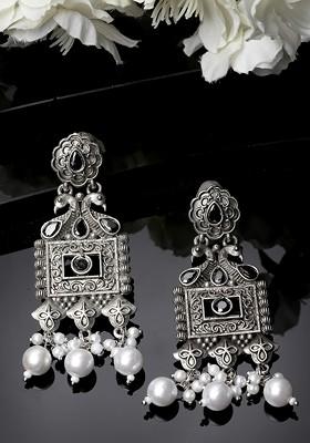 Silver Plated Pearl And Stone Stud Oxidised Peacock Shaped Drop Earrings