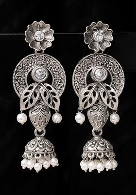 Silver Plated Stone Stud And Pearl Floral Shaped Jhumka Earrings