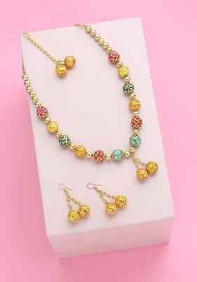 Gold Plated Beads Beaded Necklace With Earrings And Maang Tika